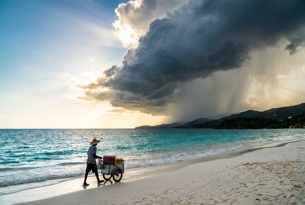 Sun over turquoise water on one side and a distant rain shower on the other along a Jamaican beach
