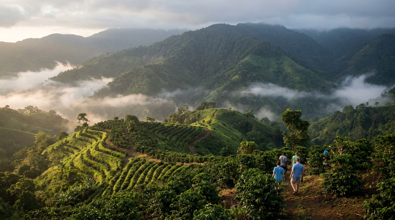 Ridges of the Blue Mountains under low cloud at first light, with coffee terraces on the lower slopes