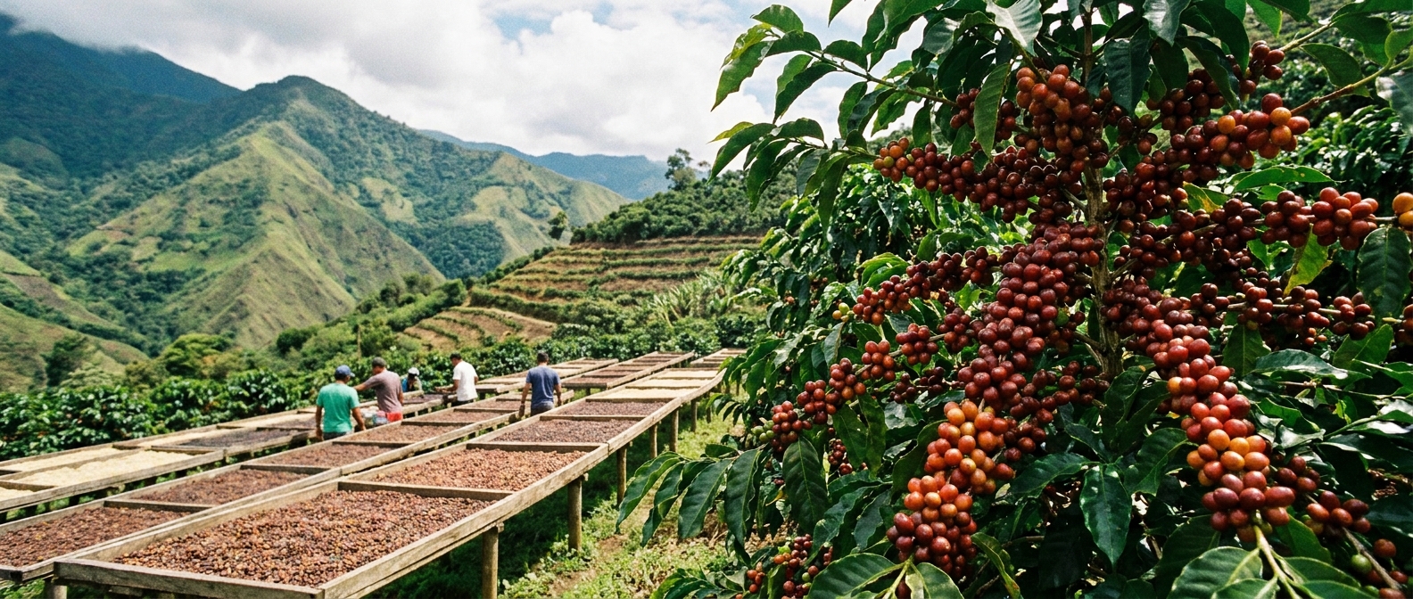 Ripe coffee cherries on a bush with a steep mountain slope and drying beds behind