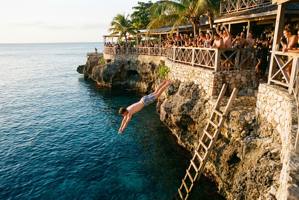A young man diving from Negril's West End cliffs into deep blue water as friends cheer from a cliff bar
