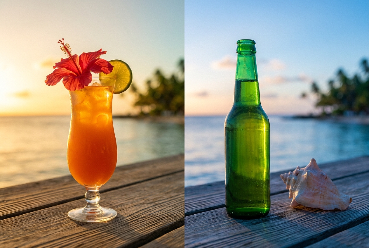 A rum punch with hibiscus beside a green beer bottle and conch shell on weathered wood at sunset