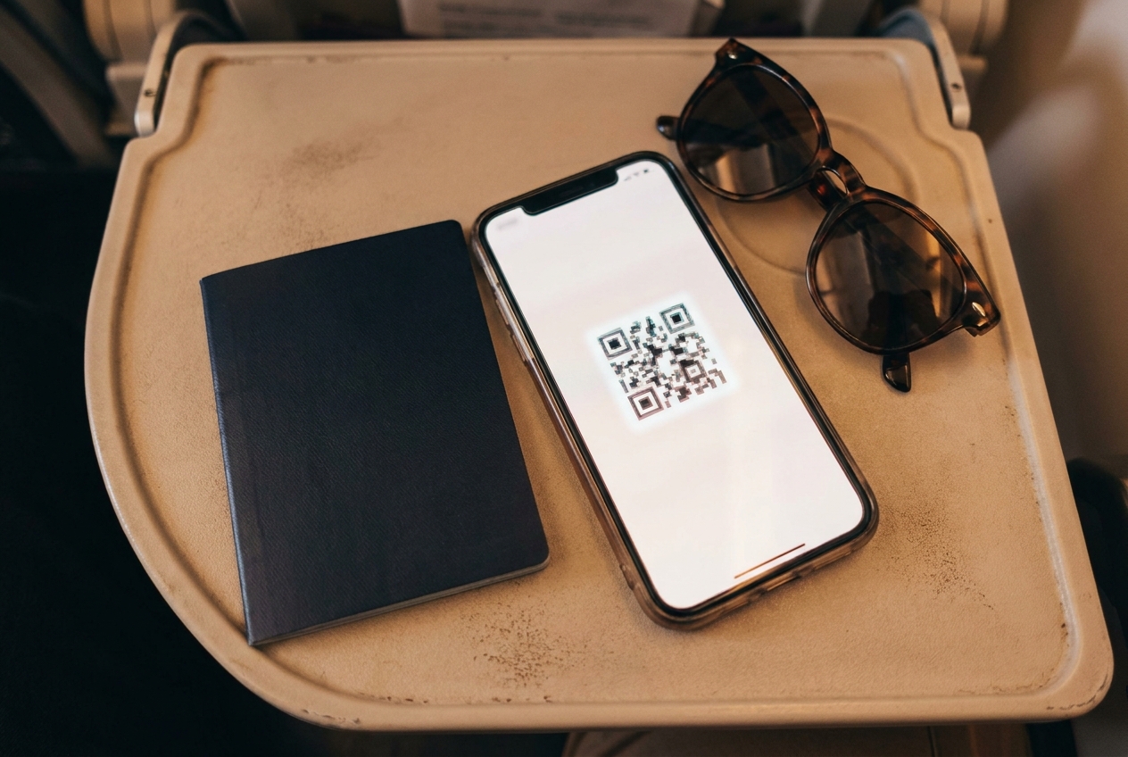 A passport and a phone showing a QR code on an airplane tray table