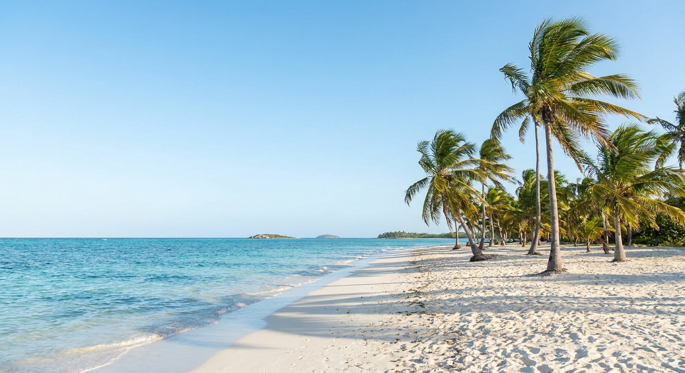 A wide Caribbean beach under clear morning sun with light wind ruffling palm fronds and calm turquoise water