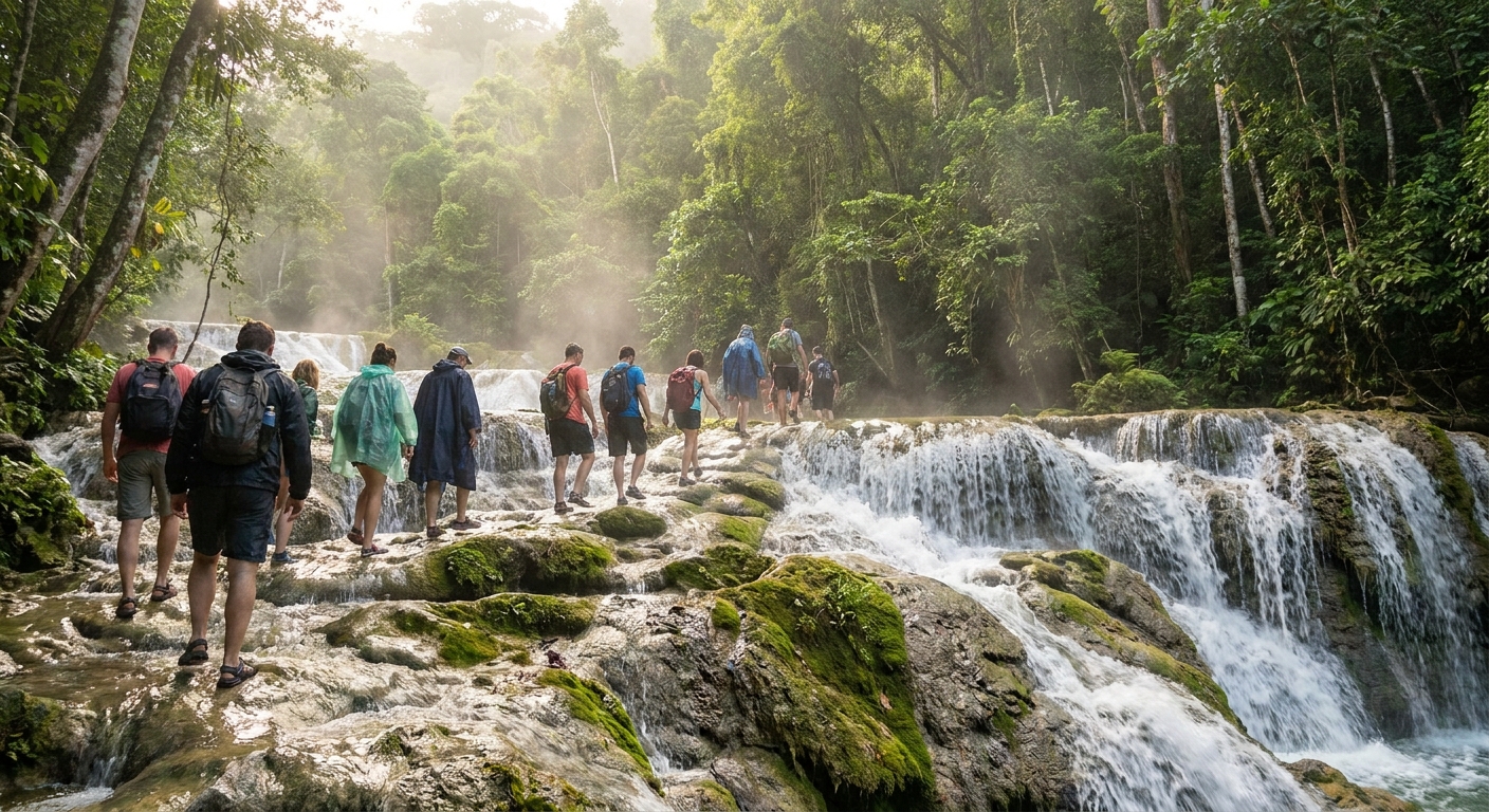 Visitors climbing the wet limestone terraces of a tropical waterfall in early morning light with green forest behind