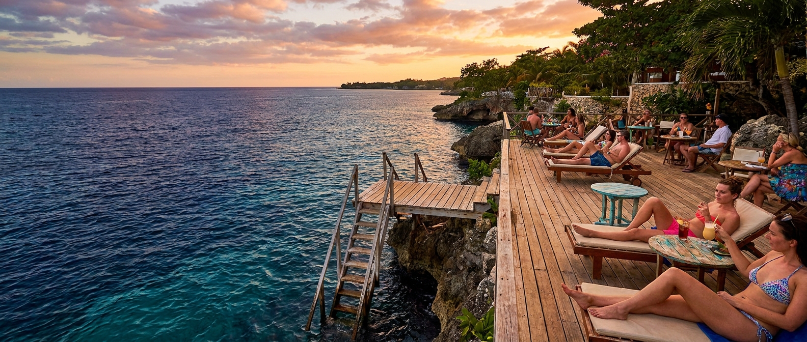 A cliffside hotel terrace in Negril's West End at sunset, with a wooden ladder descending into deep blue water