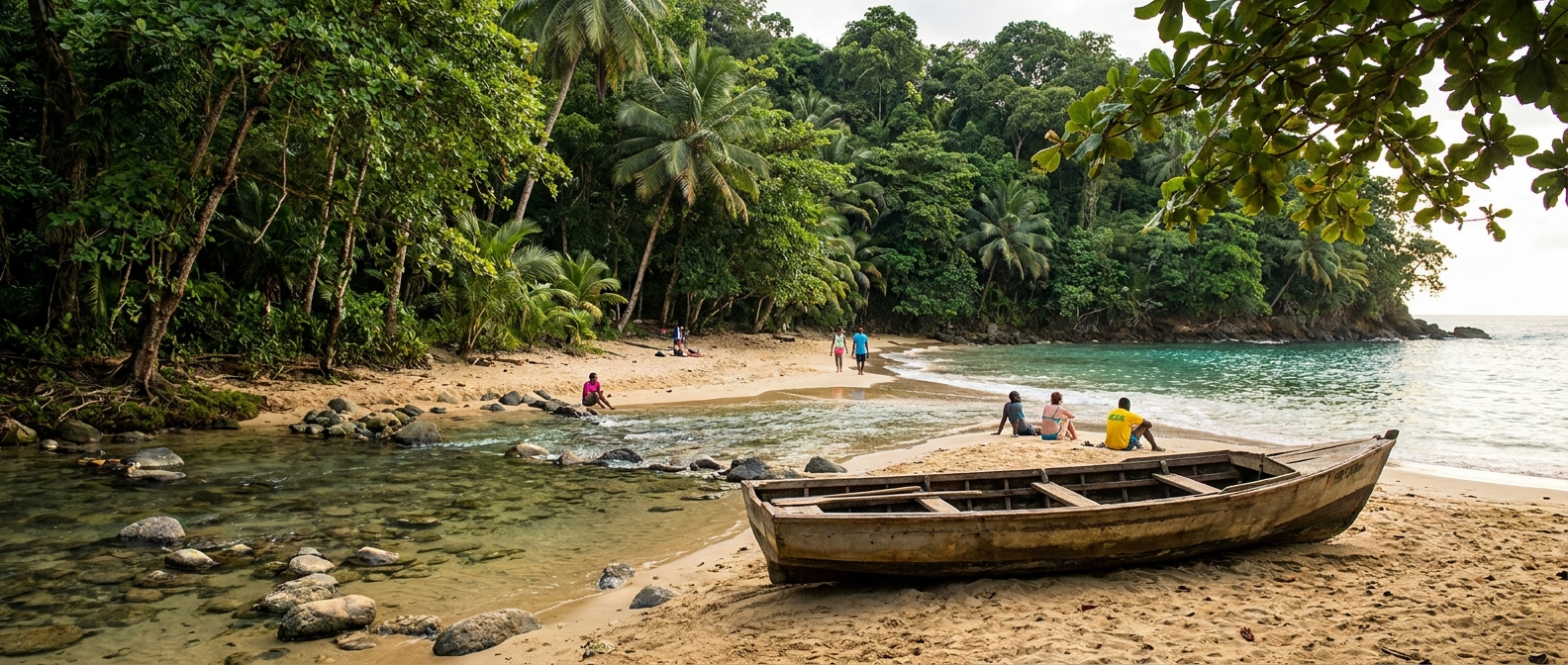 A small rainforest-backed cove beach near Port Antonio where a shallow river meets the sea, with a wooden boat on the sand