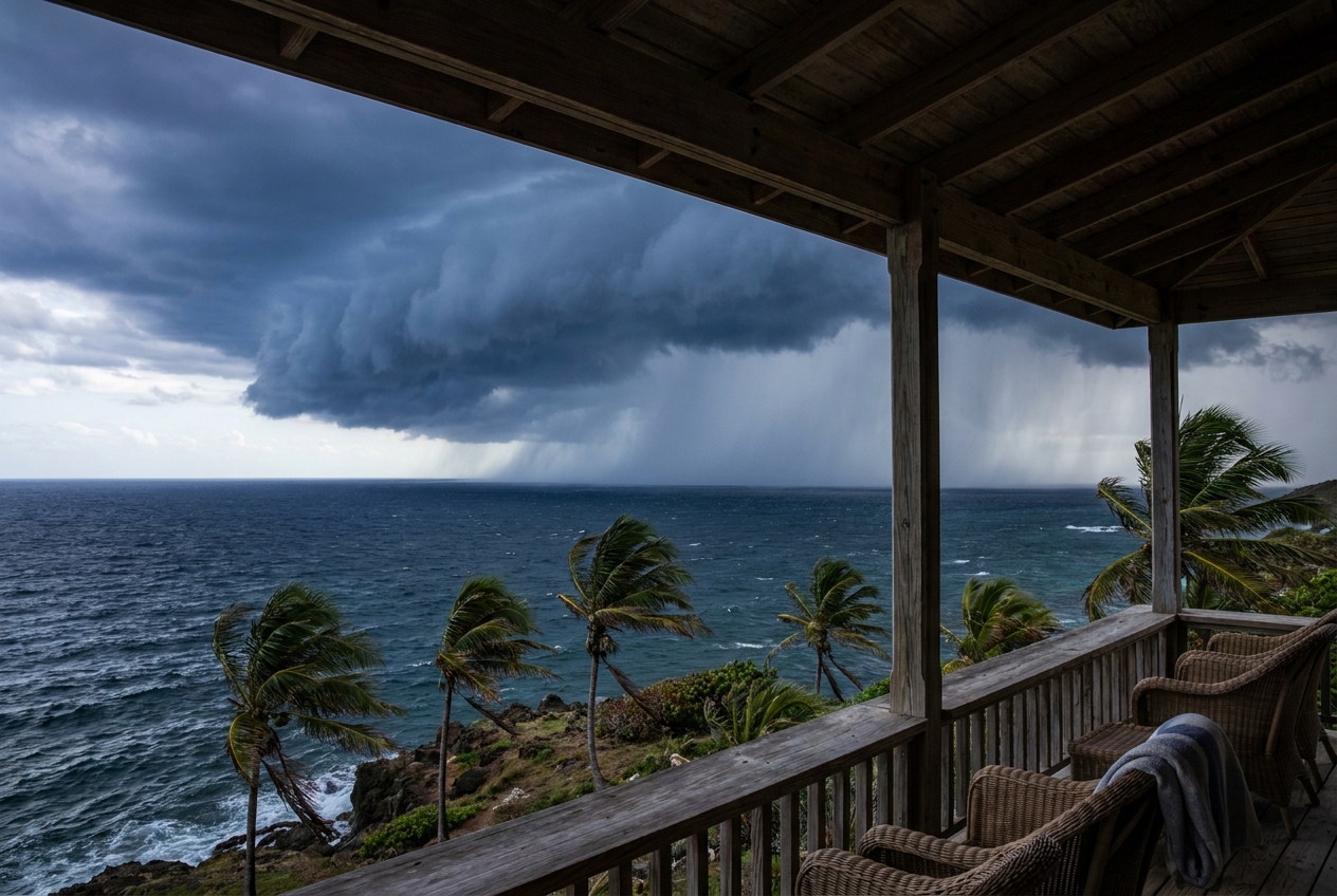 Towering storm clouds and a rain curtain far out over a churning Caribbean sea, palms bending, seen from a covered veranda