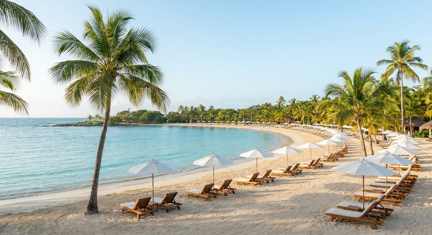 A calm turquoise Caribbean bay under a clear winter sky with rows of loungers and palms on a wide beach