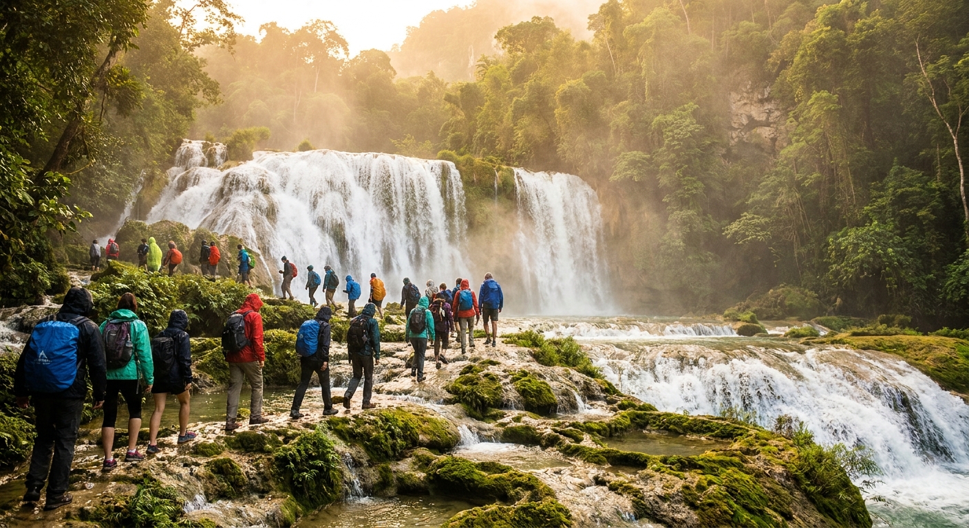 Visitors climbing the wet limestone terraces of a wide waterfall in morning light with green forest behind