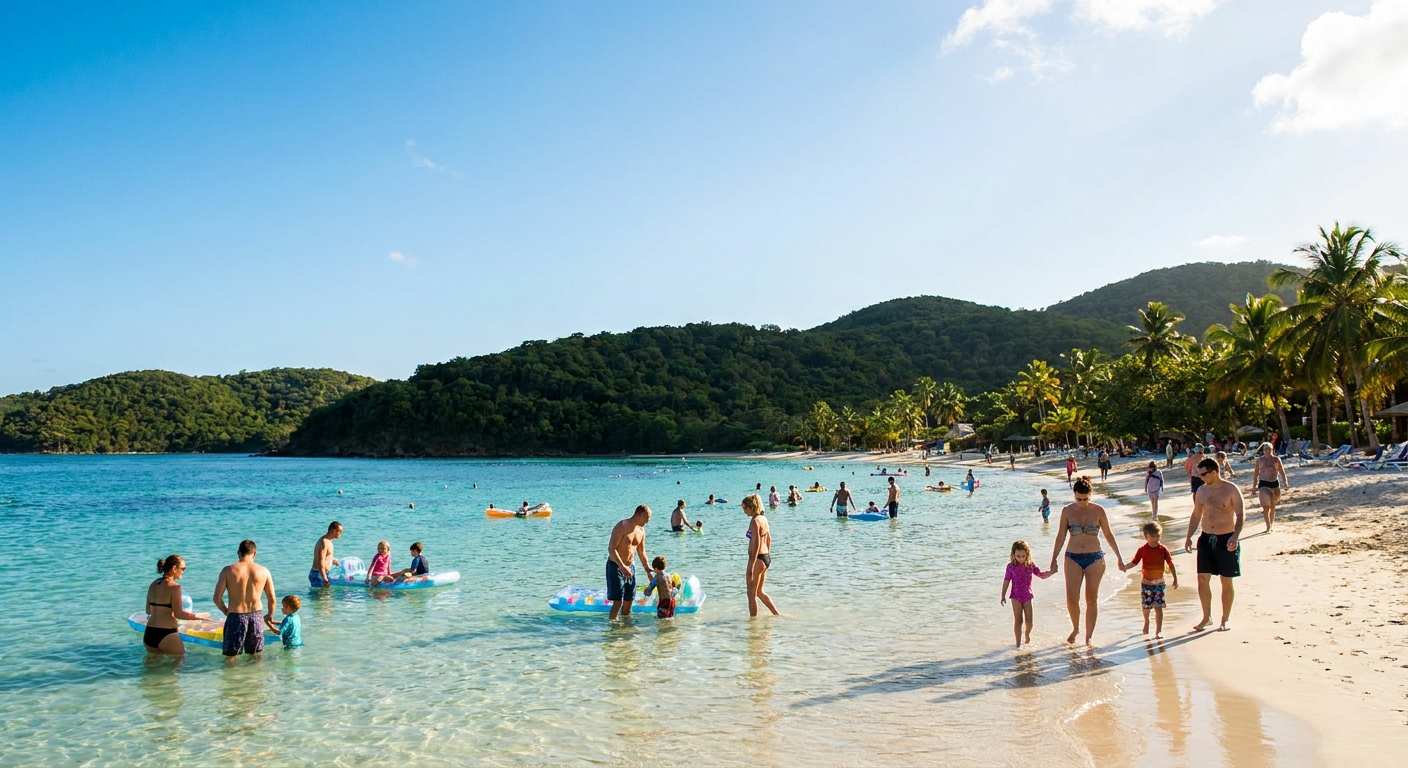 A bright midsummer beach on a calm Caribbean bay with families in shallow water and dark green hills behind