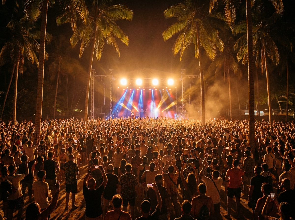 A large open-air night crowd facing a brightly lit concert stage framed by palm trees
