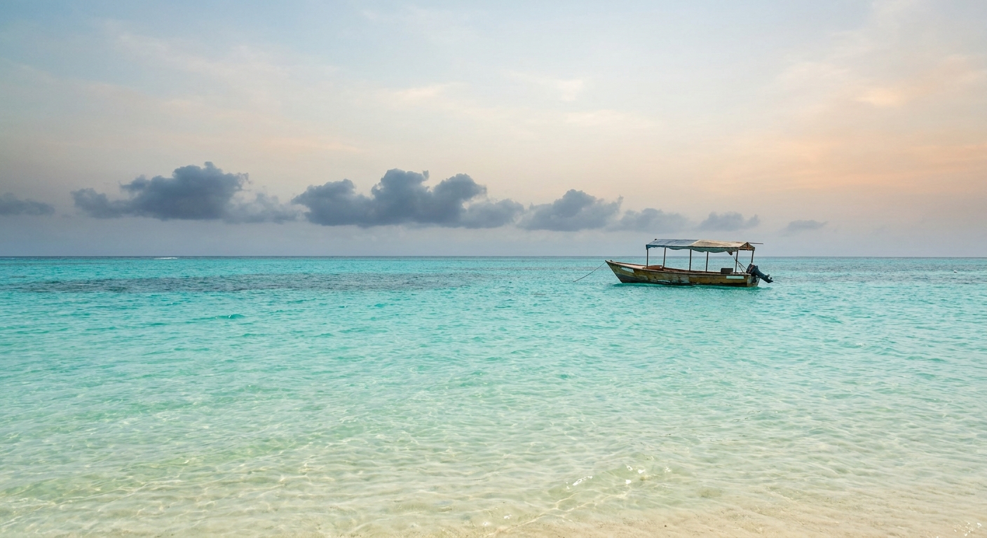 Warm turquoise Caribbean shallows under a hazy summer sky with a dark shower cell far offshore
