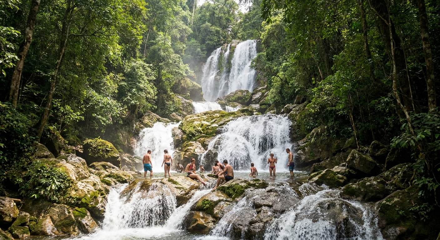 A tiered river waterfall running strongly through green forest with bathers on the lower rocks