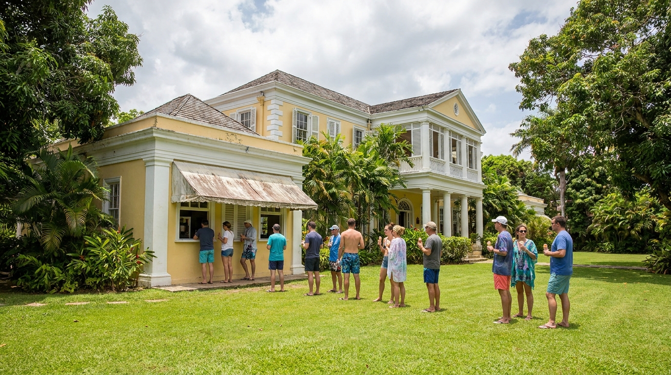 A yellow-and-white colonial mansion behind a lawn in Kingston, with visitors waiting at a side window for ice cream