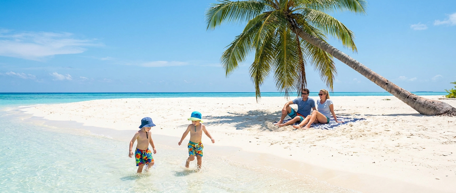 Two young children wading in flat shallow water off a wide white-sand beach at midday, parents sitting under a leaning palm