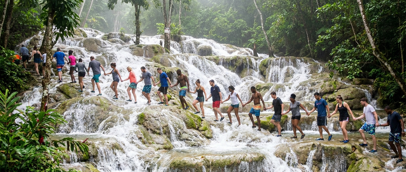 A line of visitors holding hands while climbing the wet limestone terraces of a wide Jamaican waterfall