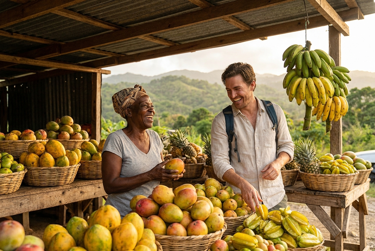 A traveler laughing with a fruit vendor while choosing mangoes at a Jamaican roadside stand