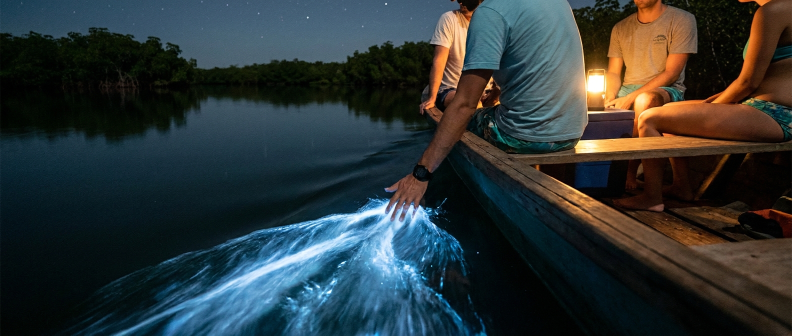 A hand trailing through dark lagoon water that glows blue-white beside a small tour boat at night