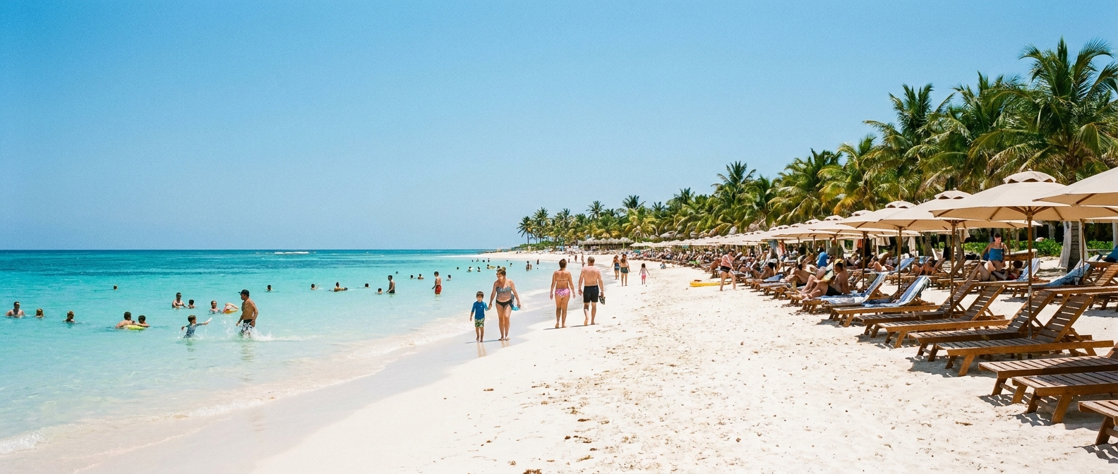 A wide Caribbean beach in bright midday sun with rows of loungers, swimmers in shallow turquoise water and palms along the shore
