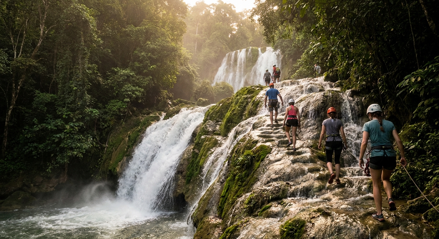 Climbers on the wet limestone terraces of a wide tropical waterfall surrounded by dense green forest in morning light