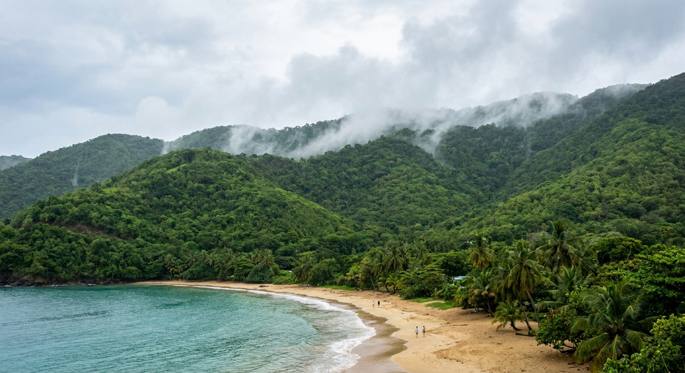 Green hillsides above a Caribbean bay after rain, with an almost empty beach and low cloud lifting off the ridge