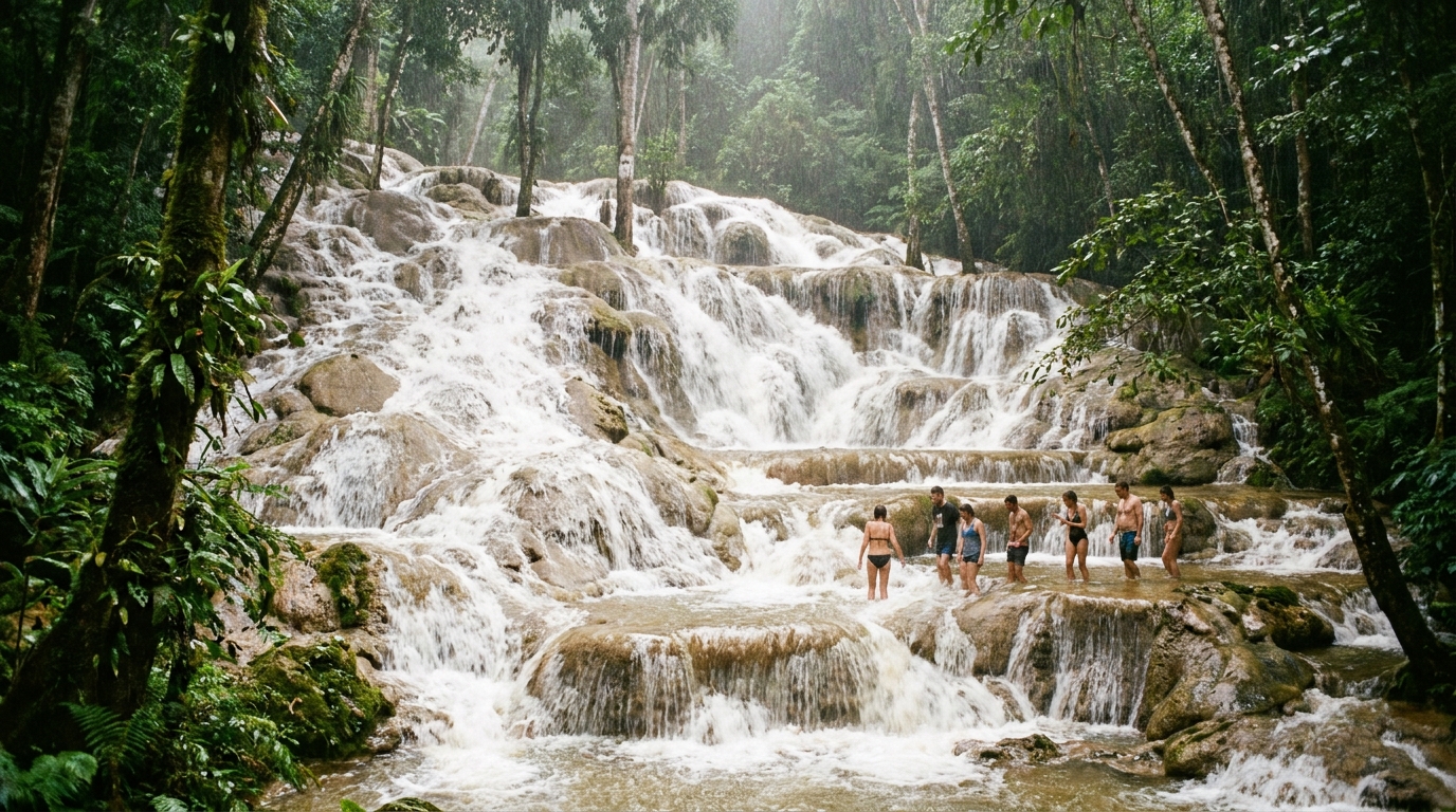 A terraced waterfall running hard through thick rainforest, with a handful of climbers on the lower ledges