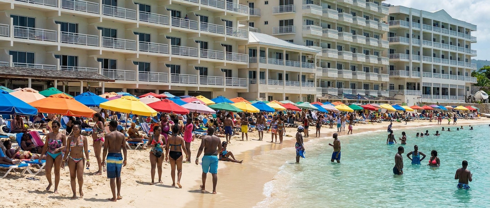 Swimmers and rented umbrellas on a narrow city beach in Montego Bay, with hotel balconies rising directly behind the sand