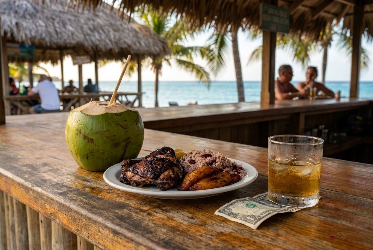 A coconut with a straw and a plate of jerk chicken on a beach bar counter in Jamaica