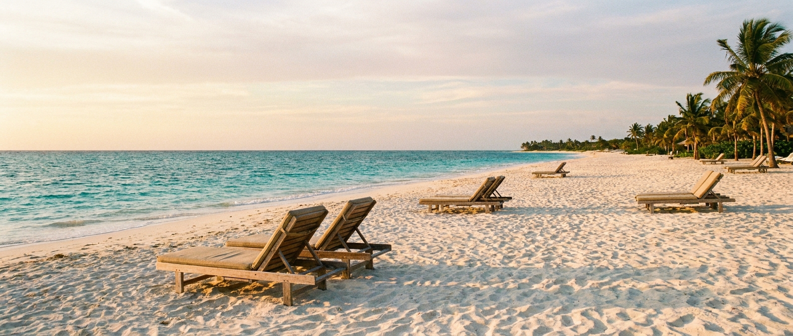 A wide empty Caribbean beach in late afternoon light with calm turquoise water and a handful of loungers
