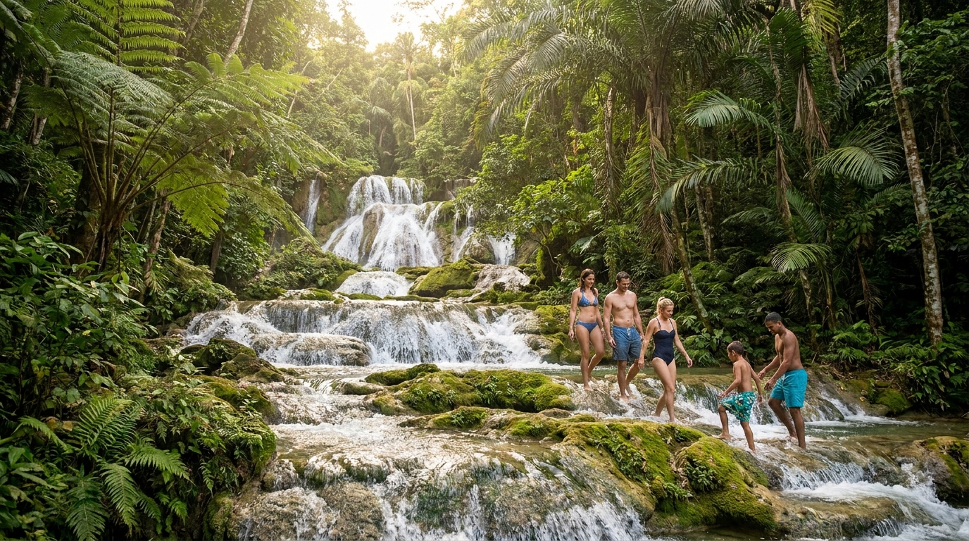 A terraced waterfall running strong through green forest with a few climbers on the lower steps