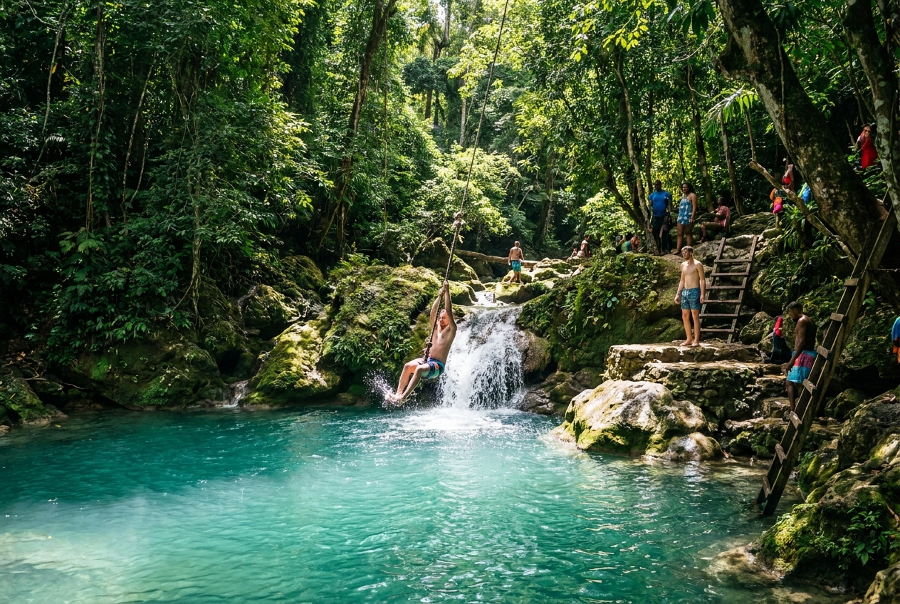 The Blue Hole near Ocho Rios: a turquoise jungle pool with a small waterfall and a rope swing in use