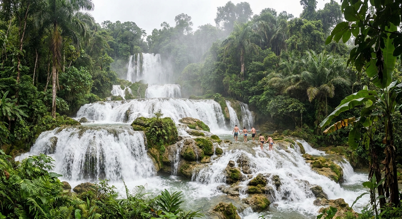 A wide waterfall in full flow through dense green rainforest with a few visitors climbing the terraces