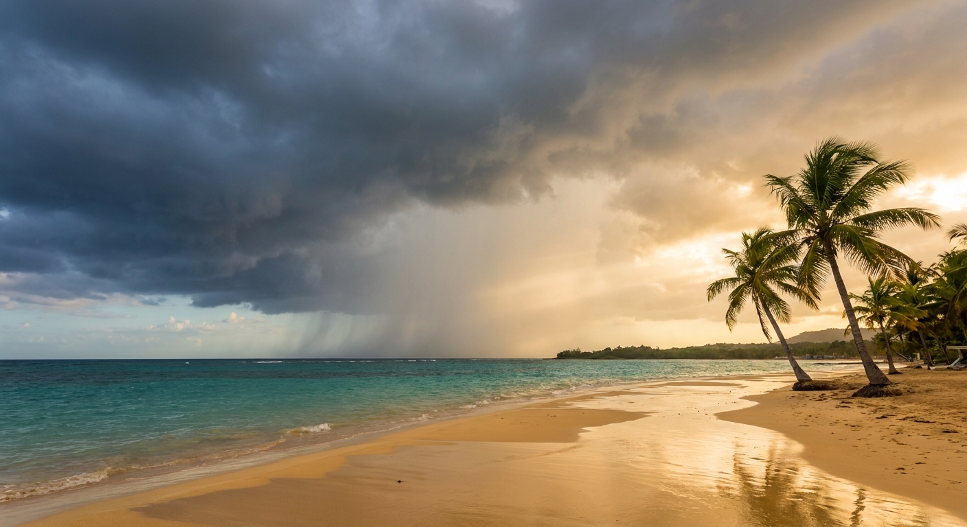 A rain shower crossing a Caribbean bay while sunlight returns over an empty beach and palms