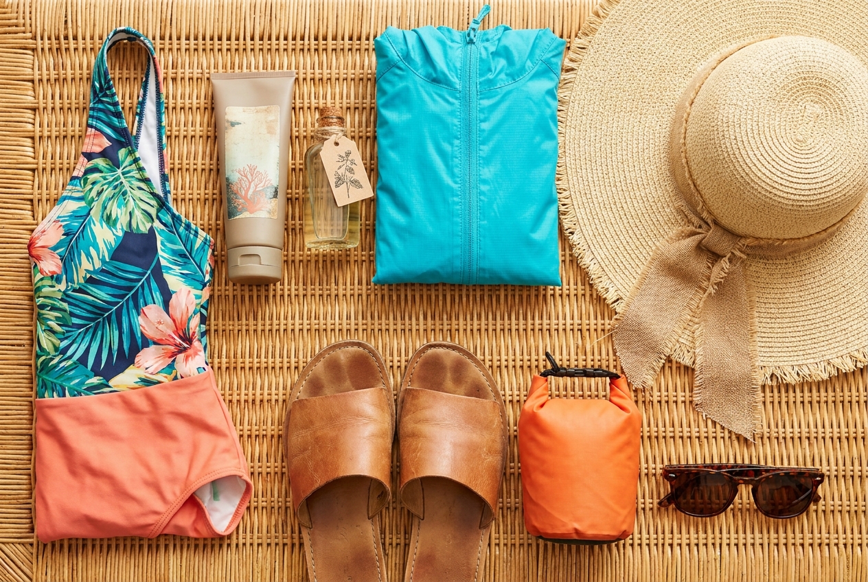 Flat-lay of a Caribbean packing kit: swimsuit, reef-safe sunscreen, repellent, rain shell, sun hat, sandals and dry bag