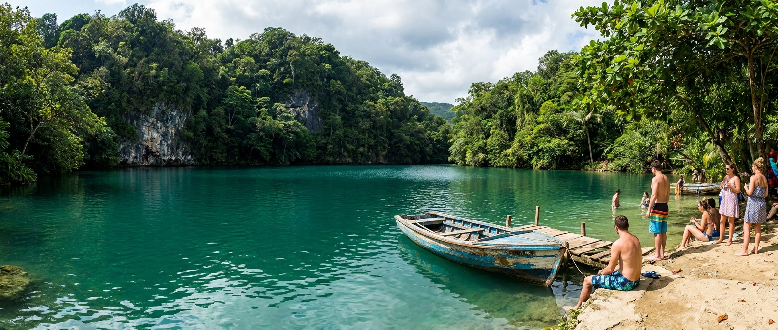 The Blue Lagoon near Port Antonio, deep green-blue water ringed by steep jungle, with a small wooden boat moored at the edge
