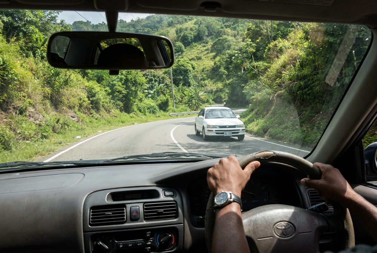 A rental SUV on a winding Jamaican country road with left-hand traffic and lush hills
