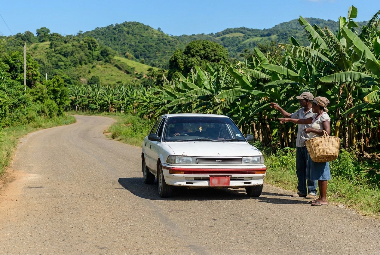 A route taxi picking up passengers on a Jamaican country road with green hills behind