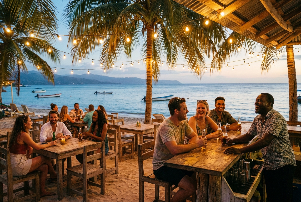 A relaxed Jamaican beach bar at twilight with string lights and people chatting at wooden tables