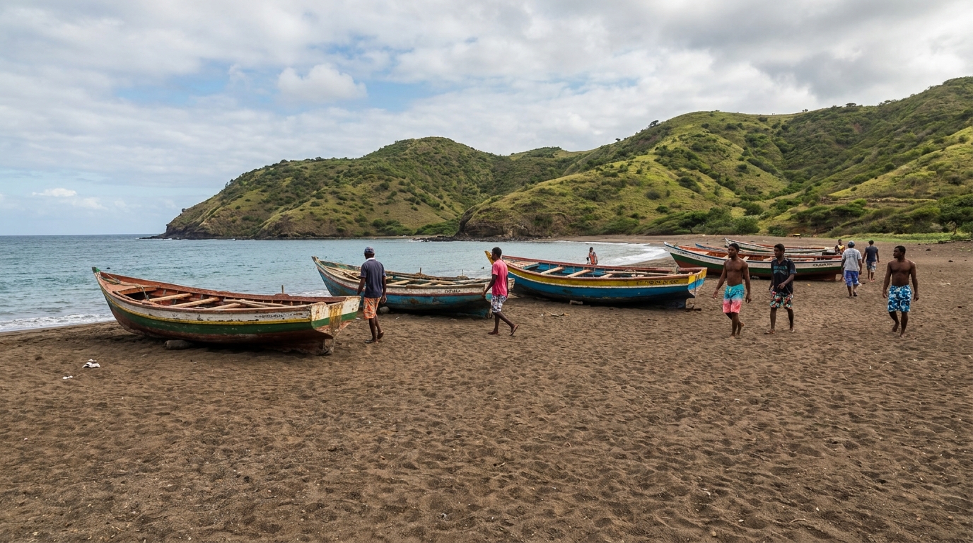 Wooden fishing boats pulled up on a brown-sand cove at Treasure Beach with low green hills behind