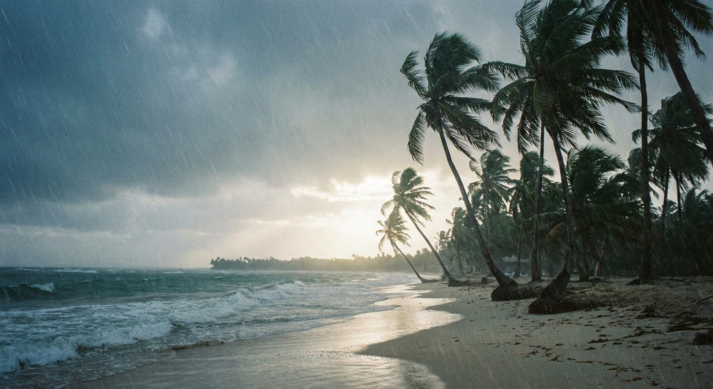 Heavy tropical rain falling on a deserted Caribbean beach with palms bending in the wind and bright sky at the horizon