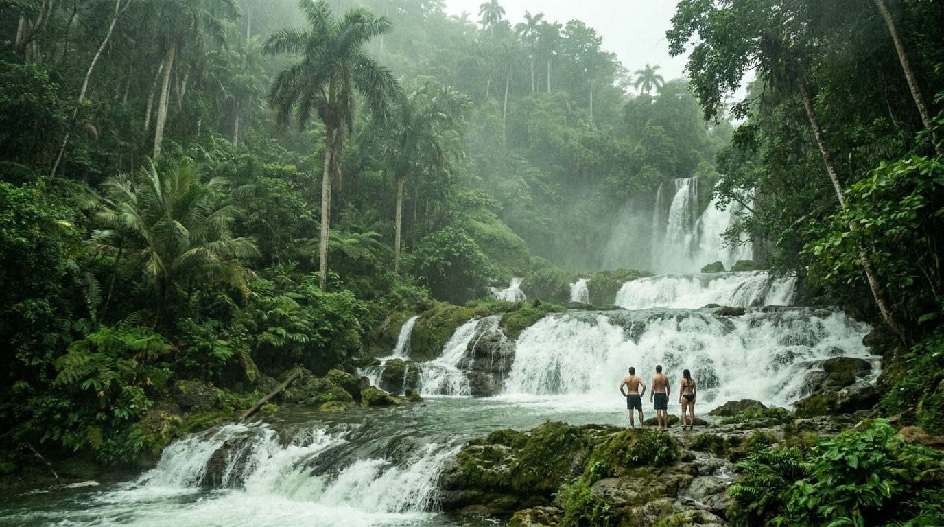 A tall tiered waterfall running at high volume through dense green forest with a small group climbing the wet limestone terraces