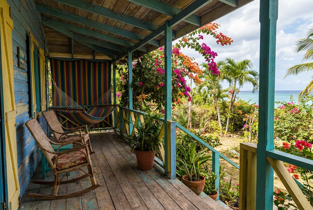 The colorful porch of a small Jamaican guesthouse with rocking chairs, a hammock and bougainvillea