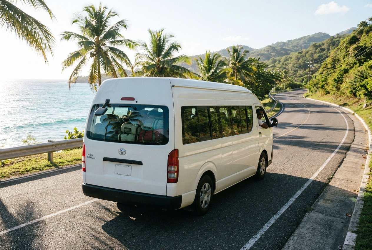 A white shuttle minibus driving a Jamaican coastal road between palms and turquoise sea