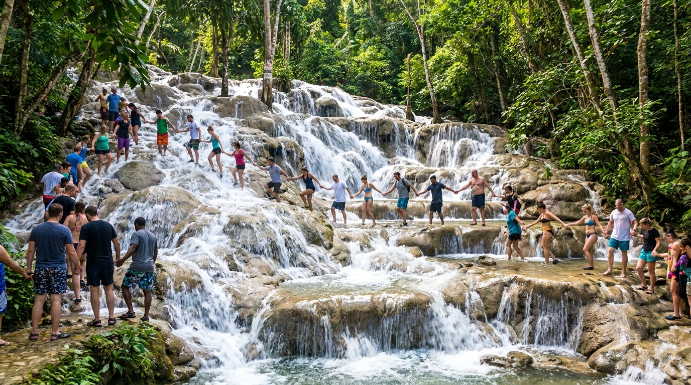 Travelers climbing a wide terraced limestone waterfall in a chain, surrounded by green forest, on Jamaica's north coast