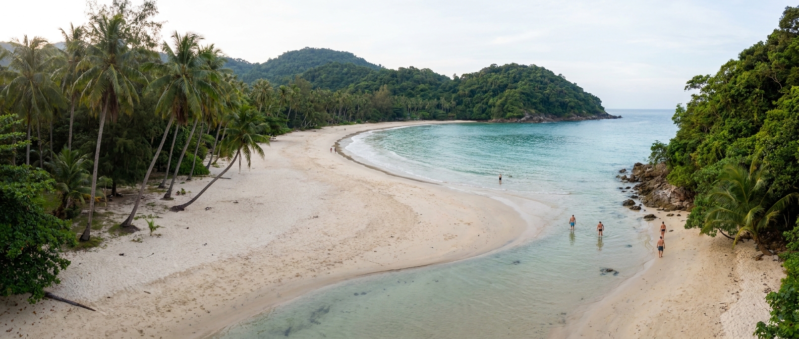A crescent of pale sand in a green cove where a shallow river meets the sea, with leaning palms and no crowd
