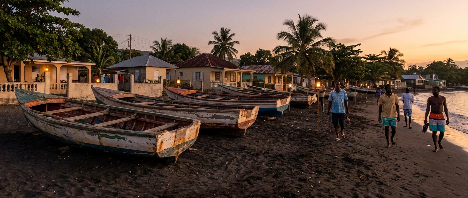 Wooden fishing boats pulled up on dark sand at dusk in a quiet Jamaican fishing village