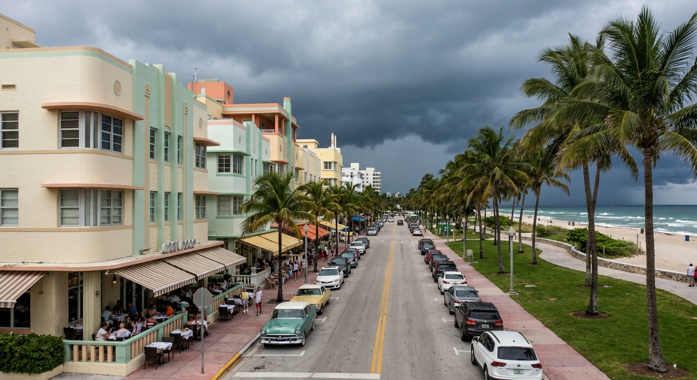 Dark thunderstorm clouds building over a wide Gulf coast beach in late afternoon