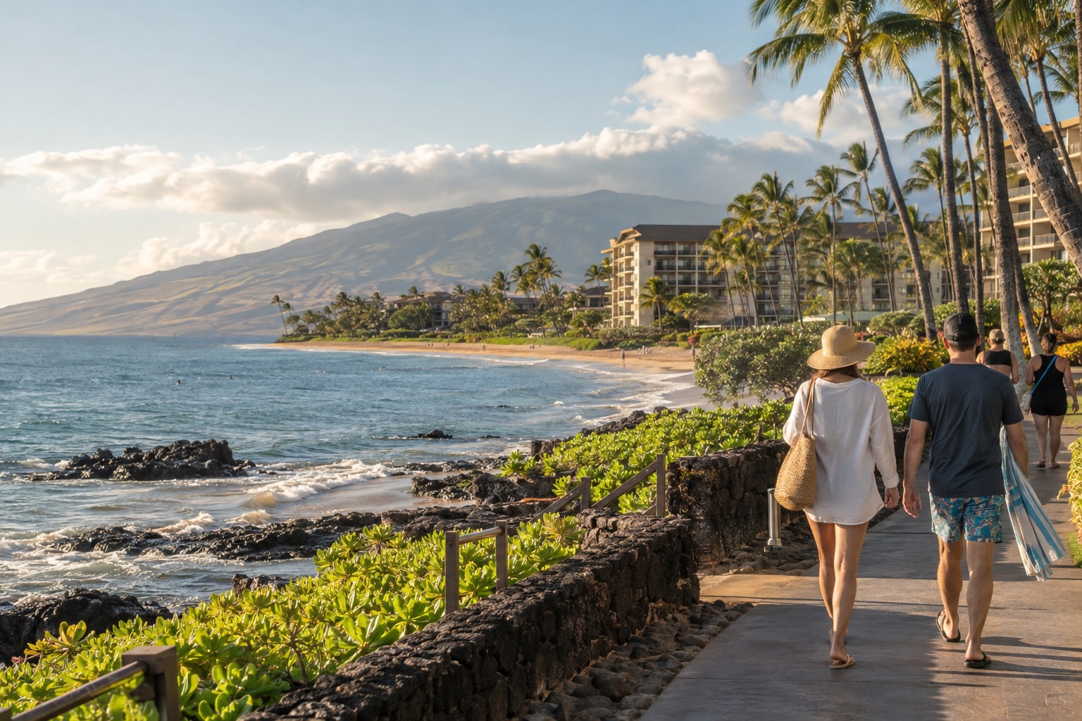 Beachgoers walking along a paved oceanfront path with resort towers and palm trees at Kaanapali, Maui