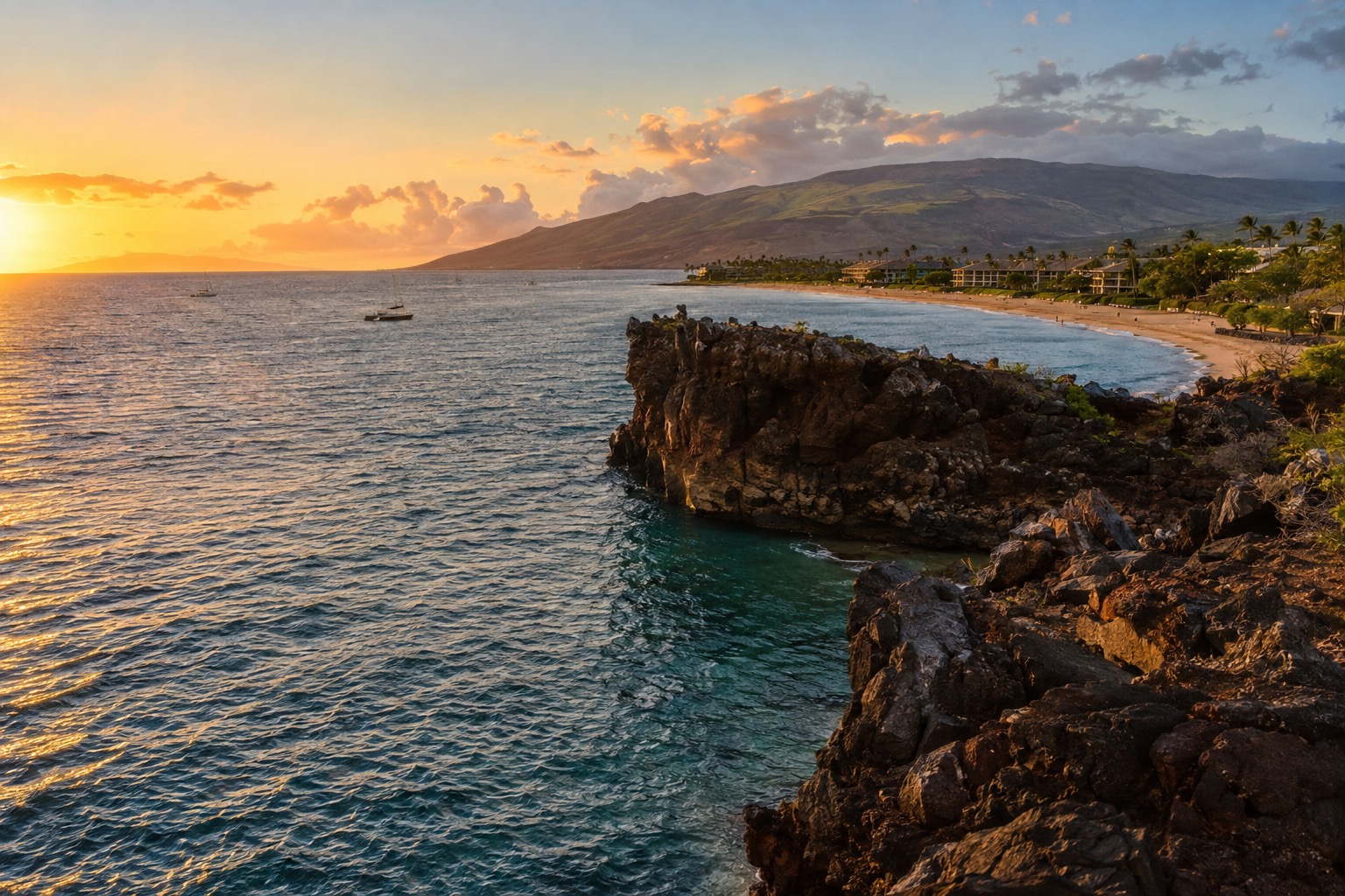 Cliffs at Puu Kekaa, known as Black Rock, at the north end of Kaanapali Beach in late afternoon light