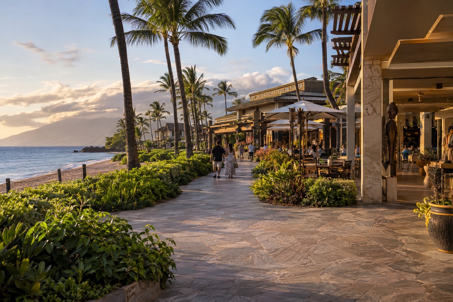 Shops and open-air restaurants along the paved beachwalk at Whalers Village on Kaanapali Beach